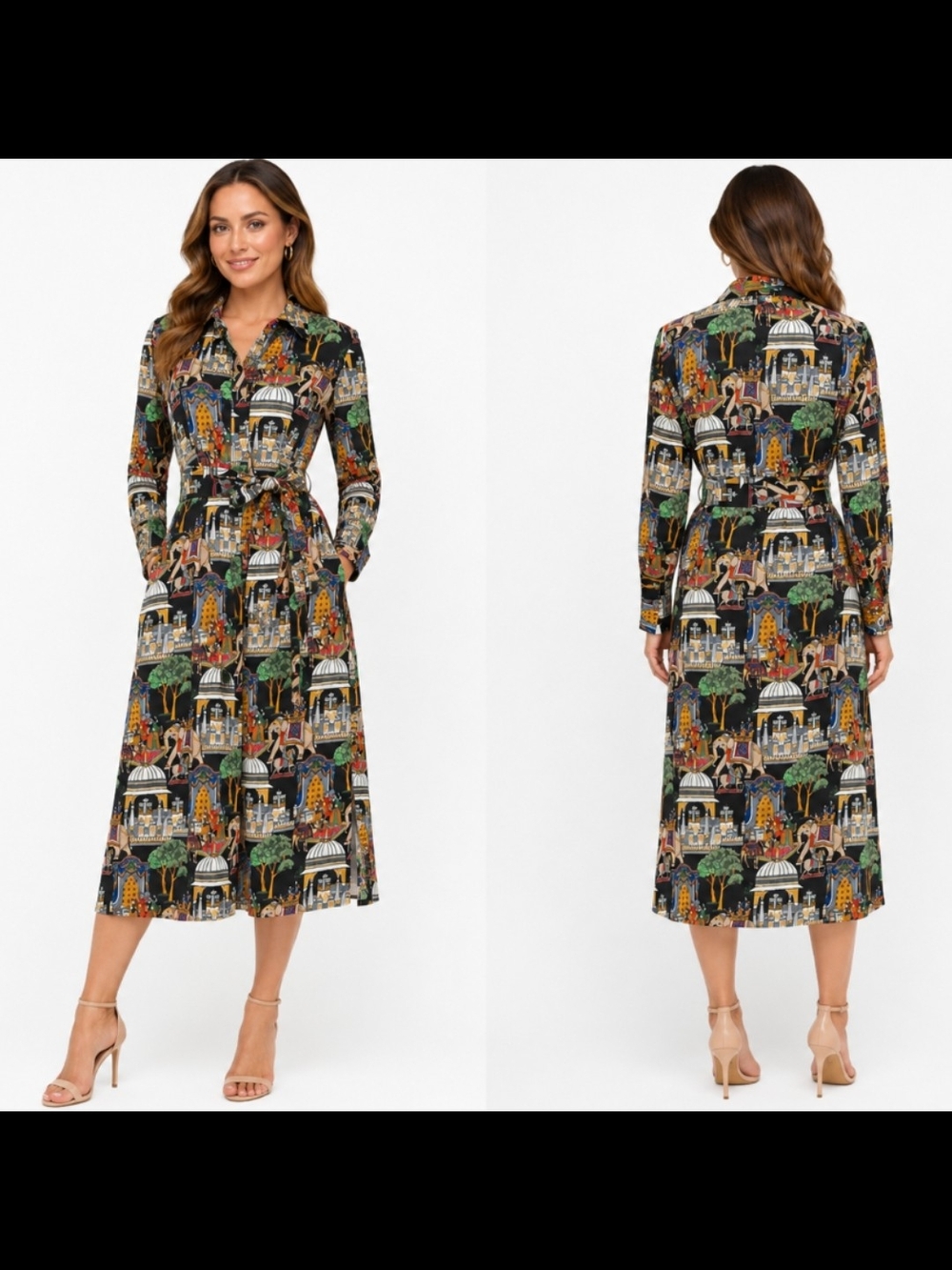 Vintage J.McLaughlin Belted Shirt Dress Scenic Elephant Palace Print Size S